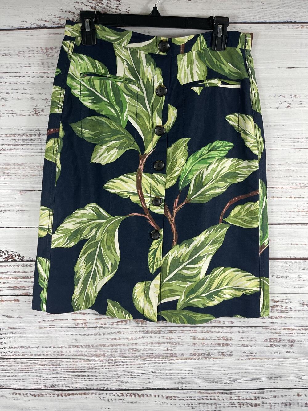 Ann Taylor Skirt Women's Size 8 Blue Green Leaf Print Button Front Side Zip Midi